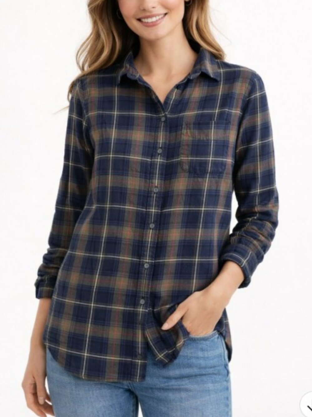 UniQlo Women's Button Down Flannel Shirt Size XS Green Blue Plaid Grunge Retro